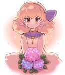  1girl bouquet brown_eyes brown_hair brown_robe facing_viewer fire_emblem fire_emblem_echoes:_shadows_of_valentia flower genny_(fire_emblem) hair_ribbon holding holding_bouquet hydrangea jewelry kutabireta_neko light_brown_hair looking_at_viewer medium_hair pendant purple_ribbon ribbon robe smile solo 