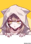  1girl animal_hood berry black_choker brown_eyes brown_hair brown_hoodie choker crossed_bangs earrings ears_through_headwear fingernails food-themed_earrings highres hololive hololive_english hood hood_up hoodie jewelry looking_to_the_side multicolored_hair nanashi_mumei nanashi_mumei_(3rd_costume) necklace official_alternate_costume open_mouth oversized_clothes simple_background streaked_hair virtual_youtuber yellow_background zenox5300 