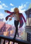  1boy black_pants blonde_hair blue_sky checkered_coat clouds cloudy_sky coat coat_on_shoulders english_commentary felixoesinghaus flag highres house howl_(howl_no_ugoku_shiro) howl_no_ugoku_shiro jewelry long_sleeves looking_at_viewer medium_hair necklace on_railing outstretched_arm pants railing red_coat shirt sky smile tile_roof town walking white_shirt 