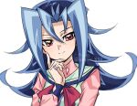  1girl artist_name blue_hair dyed_bangs flipped_hair hair_between_eyes jewelry kamishiro_rio knhrpnkt long_hair looking_at_viewer multicolored_hair red_eyes ring sailor_collar signature simple_background smile solo twitter_username two-tone_hair upper_body white_background yu-gi-oh! yu-gi-oh!_zexal 