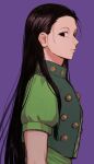  1boy black_eyes black_hair english_commentary frown highres hunter_x_hunter illumi_zoldyck long_hair looking_at_viewer male_focus oh_myowa666 purple_background simple_background solo upper_body 