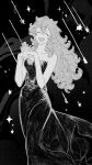  1girl closed_eyes dress gloomymato gown gundam gundam_suisei_no_majo highres hikimayu long_hair monochrome open_mouth smile solo strapless strapless_dress suletta_mercury 