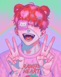  1boy animal_ears bear_boy bear_ears double_v eyepatch gyuing666 hair_ornament hairclip highres male_focus multicolored_hair one_eye_covered open_mouth original pink_hair pink_shirt rainbow redhead scar scar_on_arm shirt short_hair smile solo two-tone_hair v 