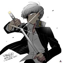  1boy b-ko_(1214920) black_jacket collared_shirt debris drawing_sword fingernails grey_eyes grey_hair holding holding_sword holding_weapon jacket long_sleeves male_focus narukami_yuu persona persona_4 school_uniform shaded_face shirt short_hair sword weapon white_background white_shirt yasogami_school_uniform 