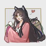  1girl ;d animal animal_ears arknights basket black_hair brown_eyes commentary_request cropped_torso dog dog_ears dog_girl dog_tail facial_mark food food_on_face forehead_mark frilled_sleeves frills grey_background heart highres holding holding_food long_hair long_sleeves moryinqingmo one_eye_closed onigiri open_clothes parted_bangs rice rice_on_face saga_(arknights) simple_background sleeves_past_wrists smile solo tail upper_body very_long_hair wide_sleeves 