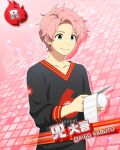  1boy ahoge blue_eyes card_(medium) character_name holding idolmaster idolmaster_side-m kabuto_daigo male_focus official_art pink_background shirt smile solo 