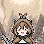  1girl baseball_bat bow brown_eyes brown_hair chibi clipe feather_hair_ornament feathers hair_ornament hairclip hololive hololive_english hood hooded_jacket jacket looking_at_viewer lowres nail nail_bat nanashi_mumei open_mouth post-apocalypse printer smile smoke solo upper_body virtual_youtuber wasteland 