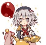  1girl 1other aged_down balloon balloon_animal beret blush epaulettes grey_eyes grey_hair hair_between_eyes hat holding holding_balloon jacket kantai_collection kashima_(kancolle) long_hair long_sleeves looking_at_viewer open_mouth pov simple_background solo_focus sparkle sukima_(crie) twintails wavy_hair white_background 