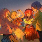  4girls ahoge black_shirt black_skirt blonde_hair blue_eyes blue_hair bocchi_the_rock! closed_eyes closed_mouth collared_shirt cube_hair_ornament fireworks gotou_hitori hair_between_eyes hair_ornament highres holding holding_fireworks ijichi_nijika jacket jdge kita_ikuyo long_hair long_sleeves mole mole_under_eye multiple_girls necktie one_side_up open_mouth outdoors pink_hair pink_jacket pleated_skirt red_eyes red_necktie red_skirt redhead shirt short_hair short_sleeves skirt smile sparkler track_jacket white_shirt white_skirt yamada_ryou yellow_eyes yellow_shirt 