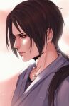  1boy anihelate artist_name brown_eyes brown_hair commentary expressionless hair_tie highres jewelry long_hair male_focus naruto naruto_(series) necklace profile solo uchiha_itachi upper_body 