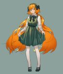 1girl absurdres alternate_costume black_hairband black_ribbon breasts dress full_body green_background green_dress green_eyes hair_ribbon hairband highres ishmael_(limbus_company) limbus_company long_hair long_sleeves neck_ribbon no_freckles orange_hair project_moon ribbon shirt simple_background sketch small_breasts solo twintails white_shirt xintangun