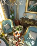  carpet chair chandelier chest_of_drawers cup curtains fireplace flower food from_above gold_trim indoors lamp no_humans original painting_(object) pancake pancake_stack pillow pink_flower plant plate potted_plant reflection saucer table teacup vase watermark window xingzhi_lv 