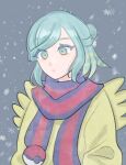  1boy closed_mouth commentary eyelashes green_eyes green_hair grey_background grusha_(pokemon) highres jacket jjinppang_(11010011) looking_down male_focus outdoors pokemon pokemon_(game) pokemon_sv scarf snowflakes snowing solo striped striped_scarf yellow_jacket 