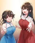  2girls :d akagi_(kancolle) alternate_costume black_hair blue_dress brown_eyes brown_hair cup dress drinking_glass hair_ornament hairclip holding holding_cup jingei_(kancolle) kantai_collection kirisawa_juuzou long_hair looking_at_viewer multiple_girls red_dress sleeveless sleeveless_dress smile straight_hair 