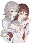  2girls :d brown_hair chibi closed_mouth cropped_torso grey_eyes grey_hair grey_sailor_collar hair_between_eyes hair_ornament hairclip hand_grab highres hug hug_from_behind long_hair looking_at_viewer love_live! love_live!_sunshine!! medium_hair multiple_girls neckerchief one_eye_closed puffy_sleeves r02ig red_neckerchief sailor_collar sakurauchi_riko school_uniform serafuku shirt short_sleeves simple_background smile teeth upper_body upper_teeth_only uranohoshi_school_uniform watanabe_you white_background white_serafuku white_shirt yellow_eyes yuri 