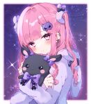  1girl animal_hood beni_0214 blush commentary copyright_request ear_piercing highres hood hoodie long_hair piercing pink_eyes pink_hair rabbit_hood solo stuffed_toy symbol-only_commentary two_side_up wavy_hair 