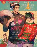  3boys antlers bell black_shirt blush carrying_bag chair character_request christmas closed_mouth collared_shirt deer_antlers dokuga dorohedoro eye_tattoo hat highres jingle_bell kai_(dorohedoro) knitting male_focus multiple_boys open_mouth orange_eyes panco red_sweater santa_hat shirt sideburns sitting smile star_(symbol) sweatdrop sweater sweater_vest upper_body white_bag 