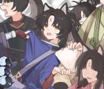  6+girls animal_ears antenna_hair arknights black_gloves black_hair blue_kimono blurry blurry_background blush brown_eyes brown_gloves commentary_request depth_of_field dog_ears faceless faceless_female facial_mark fingerless_gloves food food_on_face forehead_mark gloves highres holding holding_food japanese_clothes kimono long_sleeves mabing multiple_girls onigiri open_mouth parted_bangs ponytail rice rice_on_face saga_(arknights) wavy_mouth wide_sleeves 