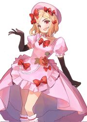  1girl beret black_gloves blonde_hair bow dress dress_bow elbow_gloves gloves hair_bow hat hat_bow highres jack-o&#039;-lantern jewelry lambdadelta necklace open_mouth pearl_necklace pink_dress pink_headwear puffy_short_sleeves puffy_sleeves red_bow red_eyes saechi_(lnyn248329) short_hair short_sleeves simple_background smile solo umineko_no_naku_koro_ni white_background 