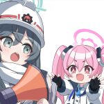  2girls :d black_gloves black_hair blue_archive blush_stickers coat collared_shirt commentary_request fingerless_gloves gloves green_eyes hair_between_eyes hair_ornament halo helmet holding holding_megaphone id_card koyuki_(blue_archive) lanyard long_hair long_sleeves looking_at_another megaphone minori_(blue_archive) multiple_girls o_(rakkasei) open_clothes open_coat pink_eyes pink_hair scarf school_uniform shirt sidelocks simple_background smile sparkling_eyes symbol-shaped_pupils twintails white_background white_coat white_scarf white_shirt 