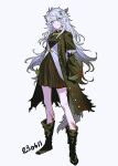  1girl animal_ears arknights arms_at_sides bare_legs black_coat black_dress black_footwear blood blood_on_leg blush boots breasts coat commentary dated dress full_body grey_eyes grey_hair haun head_tilt lappland_(arknights) lappland_(refined_horrormare)_(arknights) long_coat long_hair long_sleeves looking_at_viewer medium_breasts pleated_skirt scar scar_across_eye simple_background skirt sleeves_past_wrists smile solo symbol-only_commentary tail torn_clothes white_background wolf_ears wolf_girl wolf_tail 