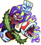  1boy big_nose brown_hair clenched_hand commentary_request eyeliner facial_hair gloves hat holding holding_plant makeup male_focus mu_(anitora24) mustache no_eyes overalls piranha_plant plant pointy_ears purple_shirt saliva sharp_teeth shirt super_mario_bros. teeth tongue upper_body waluigi white_gloves 