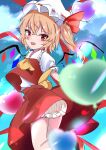  1girl absurdres ascot balloon blonde_hair bloomers blurry bow clouds collared_shirt crystal depth_of_field dress fang flandre_scarlet frilled_dress frills hat hat_bow heart_balloon high_heels highres kyuu_cat looking_at_viewer mob_cap one_side_up outdoors puffy_short_sleeves puffy_sleeves red_bow red_eyes red_skirt red_vest shirt short_sleeves skin_fang skirt skirt_set sky smile solo touhou underwear vest waist_bow white_headwear white_shirt wings yellow_ascot yellow_bow 