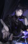  1boy absurdres animal_ears bone chromatic_aberration earrings glint highres i_became_a_god_in_a_horror_game jewelry looking_at_viewer male_focus motion_blur outstretched_arm outstretched_hand reaching reaching_towards_viewer solo sparkle tavel x-yukiiiii 