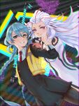  1girl 1other ai_the_somnium_files ai_the_somnium_files:_nirvana_initiative aiba_(ai_the_somnium_files) black_gloves blue_hair braid bright_pupils buttons closed_mouth collared_shirt commentary_request cowboy_shot gloves grey_eyes heterochromia highres holding holding_weapon kanitamago long_hair long_sleeves looking_at_viewer multicolored_hair necktie okiura_mizuki pantyhose partial_commentary red_eyes red_necktie redhead shirt sleeves_past_elbows smile streaked_hair teeth twin_braids twintails very_long_hair vest weapon white_hair white_pupils yellow_eyes 