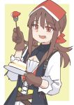  1girl brown_gloves brown_hair cake cleavage_cutout clothing_cutout commentary_request falcon_(girls&#039;_frontline) food food_on_face fork fruit girls_frontline gloves highres holding holding_fork holding_plate long_hair looking_at_viewer mojamozanari open_mouth plate red_eyes sidelocks simple_background smile solo strawberry twintails upper_body yellow_background 