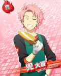  1boy ahoge apron card_(medium) character_name closed_eyes dirty green_apron holding holding_shovel idolmaster idolmaster_side-m kabuto_daigo male_focus pink_background pink_hair shovel smile solo teeth 