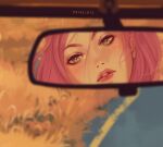  1girl anihelate artist_name blurry commentary depth_of_field english_commentary grass green_eyes haruno_sakura highres mirror naruto_(series) naruto_shippuuden parted_lips pink_hair pink_lips rear-view_mirror reflection road solo 