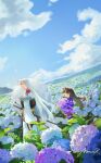  1boy 1girl black_hair blue_flower blue_kimono blue_sky claws demon_boy facial_mark field flower flower_field highres inuyasha japanese_clothes katana kimono long_hair looking_at_another mmmilk open_mouth outdoors parted_bangs pointy_ears print_kimono purple_flower rin_(inuyasha) sesshoumaru shoulder_spikes signature sky smile spikes sword walking weapon white_fur white_hair 