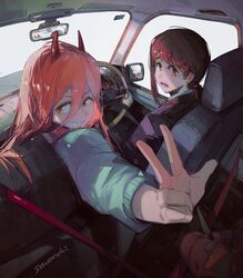  2girls artist_name black_jacket blue_jacket brown_hair car_interior chainsaw_man cross-shaped_pupils formal hair_between_eyes hair_ornament hairclip higashiyama_kobeni highres horns jacket long_hair looking_at_viewer mole mole_on_cheek mole_under_eye multiple_girls open_mouth parted_lips power_(chainsaw_man) red_horns sevenchi sharp_teeth shirt short_hair short_ponytail single_sidelock smile stuffed_unicorn suit sweat symbol-shaped_pupils teeth v white_shirt worried yellow_eyes 