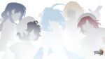  5girls ahoge beret blonde_hair blue_hair brown_hair cheng_lixue chinese_commentary derivative_work faceless faceless_female hat highres honkai_(series) honkai_impact_3rd light_blue_hair logo long_hair medium_hair multiple_girls official_art official_wallpaper patricia_highsmith_(honkai_impact) redhead salome_jokanaan_(honkai_impact) shigure_kira shub_niggurath_(honkai_impact) simple_background three-finger_salute white_background white_headwear 