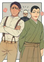  3boys :3 black_hair brown_pants character_request closed_mouth feet_out_of_frame golden_kamuy green_robe highres kisaragireki looking_at_another male_focus motion_lines multiple_boys open_mouth outline pants robe short_hair signature smile spoken_sound_effect tan translation_request tsurumi_tokushirou twitter_username white_outline 