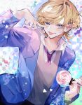  1boy :p absurdres bishounen blazer blonde_hair blue_eyes blue_jacket blush candy collarbone collared_shirt dutch_angle fangs finger_to_cheek food grey_sweater hair_ornament hairclip highres holding holding_candy holding_food holding_lollipop index_finger_raised jacket lollipop long_sleeves looking_at_viewer male_focus necktie open_clothes open_collar open_jacket original red_necktie school_uniform shirt short_hair sidelocks solo sweater swept_bangs tongue tongue_out u-sama_(u_summer0719) upper_body v-neck white_shirt x_hair_ornament 