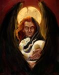  1boy animal black_nails black_robe cliopadra crowley_(good_omens) dark_background demon demon_boy demon_wings feathered_wings good_omens halo highres holding holding_animal hood long_hair looking_at_viewer portrait robe serious slit_pupils snake solo upper_body wings yellow_eyes 
