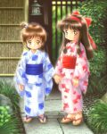  2girls blush brown_eyes brown_hair child female_child full_body geta goto_p hair_bobbles hair_ornament hair_ribbon high_side_ponytail holding_hands japanese_clothes kimono long_hair looking_at_viewer multiple_girls non-web_source original outdoors ponytail print_kimono ribbon short_hair short_ponytail side_ponytail sidelocks standing 