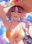  1girl asakura_toru bare_shoulders bikini blue_sky breasts commentary_request earrings gradient_hair halterneck hat highres idolmaster idolmaster_shiny_colors jewelry large_breasts looking_at_viewer multicolored_hair nail_polish open_mouth portrait puni_(punycolors) short_hair sky solo straw_hat string_bikini swimsuit upper_body yellow_bikini yellow_nails 
