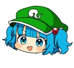 1girl :d blue_eyes blue_hair blush cabbie_hat chibi commentary_request dot_nose green_headwear hair_bobbles hair_ornament hat head_only ishiki_nuru kawashiro_nitori open_mouth short_hair simple_background smile solo touhou two_side_up v-shaped_eyebrows white_background 