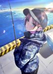  1girl aqua_eyes asakura_toru baseball_cap commentary_request earrings fishing fishing_rod grey_hair hat highres holding holding_fishing_rod hood hooded_jacket idolmaster idolmaster_shiny_colors jacket jewelry kaiso_(kaisooekaki) looking_at_viewer looking_back ocean parted_bangs short_hair solo 