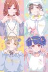  4girls absurdres aqua_background aqua_eyes aqua_hair artist_request asakura_toru backpack bag baseball_cap black_hair brown_eyes brown_hair chain collage double_bun finger_in_own_mouth finger_to_cheek finger_to_mouth fukumaru_koito grey_hair grey_nails grey_shirt hair_bun hair_ornament hair_ribbon hairclip hand_on_own_cheek hand_on_own_face hat highres higuchi_madoka hood hoodie ichikawa_hinana idolmaster idolmaster_shiny_colors long_sleeves looking_at_viewer mole mole_under_eye multicolored_hair multiple_girls nail_polish noctchill_(idolmaster) parted_bangs pink_background pink_eyes pink_nails portrait purple_background purple_nails ribbon shirt short_hair stuffed_toy swept_bangs twintails two-tone_hair two-tone_hoodie two-tone_shirt upper_body violet_eyes white_headwear white_hoodie white_shirt yellow_background 