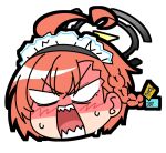  1girl ahoge angry blue_archive blush braid maid_headdress mole mole_under_eye neru_(blue_archive) open_mouth red_eyes sharp_teeth single_braid sweat tag teeth yoshi_tama 