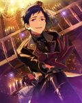  1boy blue_hair boots candle dark_blue_hair ensemble_stars! fushimi_yuzuru gloves happy_elements highres holding_riding_crop indoors jacket jewelry lapels looking_at_viewer male_focus mole mole_under_eye noble_game_(ensemble_stars!) notched_lapels official_alternate_costume official_art open_mouth ring shoelaces short_bangs solo third-party_source violet_eyes 