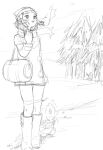  1girl :d adjusting_scarf akiyasumi alternate_hair_length alternate_hairstyle artist_name bag beanie bird boots clothed_pokemon coat duffel_bag enpera floating_clothes floating_scarf footprints hair_ornament hat hikari_(pokemon) long_sleeves monochrome open_mouth over-kneehighs pig piloswine pine_tree piplup pokemon pokemon_(creature) pokemon_(game) pokemon_dppt pokemon_platinum scarf short_hair simple_background smile snow_boots solo standing thigh-highs tree white_background 