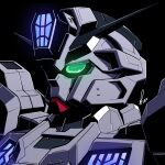  absurdres alex_(apdoodles) black_background calibarn commentary dated english_commentary glowing glowing_eye green_eyes gundam gundam_suisei_no_majo highres mecha mobile_suit no_humans portrait robot science_fiction signature simple_background solo v-fin 
