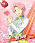  1boy ;d ahoge belt blue_eyes card_(medium) character_name fingernails formal idolmaster idolmaster_side-m kabuto_daigo long_sleeves male_focus necktie official_art one_eye_closed open_mouth pink_background pink_hair smile teeth upper_teeth_only 