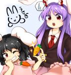  2girls :o ;d animal_ears black_hair carrot_necklace chinese_zodiac dress floppy_ears grin highres inaba_tewi jewelry komeiji_kanade multiple_girls necklace nengajou new_year one_eye_closed open_mouth petite pink_dress rabbit_ears reisen_udongein_inaba short_hair simple_background smile spoken_sweat touhou white_background year_of_the_rabbit 