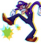 ._. 1boy absurdres angry big_nose brown_hair clenched_hand clenched_teeth commentary_request facial_hair full_body gloves hat highres male_focus mu_(anitora24) mustache overalls pointy_ears purple_shirt shirt short_hair solo super_mario_bros. teeth waluigi white_gloves 